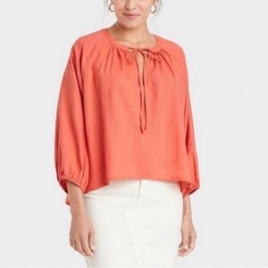 A-NEW-DAY-WOMENS-RAGLAN-LONG-SLEEVE-TIEFRONT-TOP--ORANGE-XSMALL
